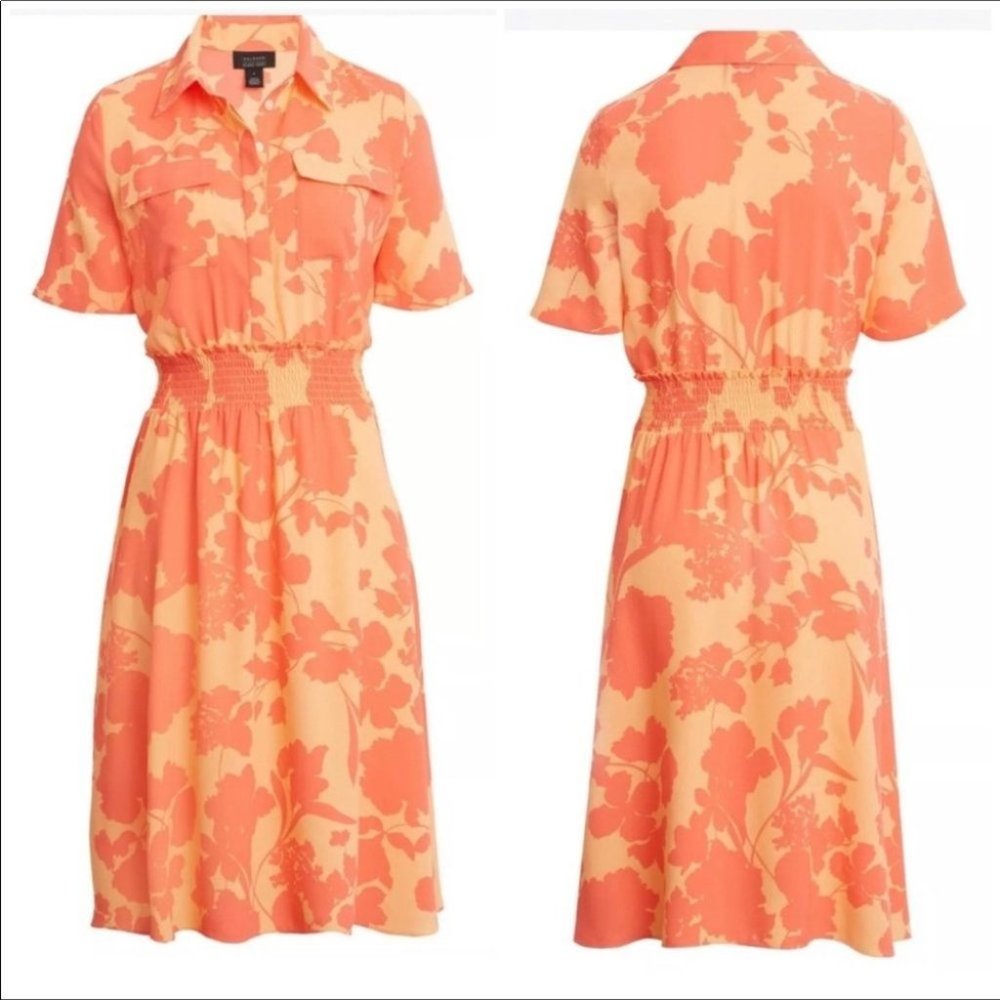 Orange Coral Floral Print Smocked Shirt Dress Halogen